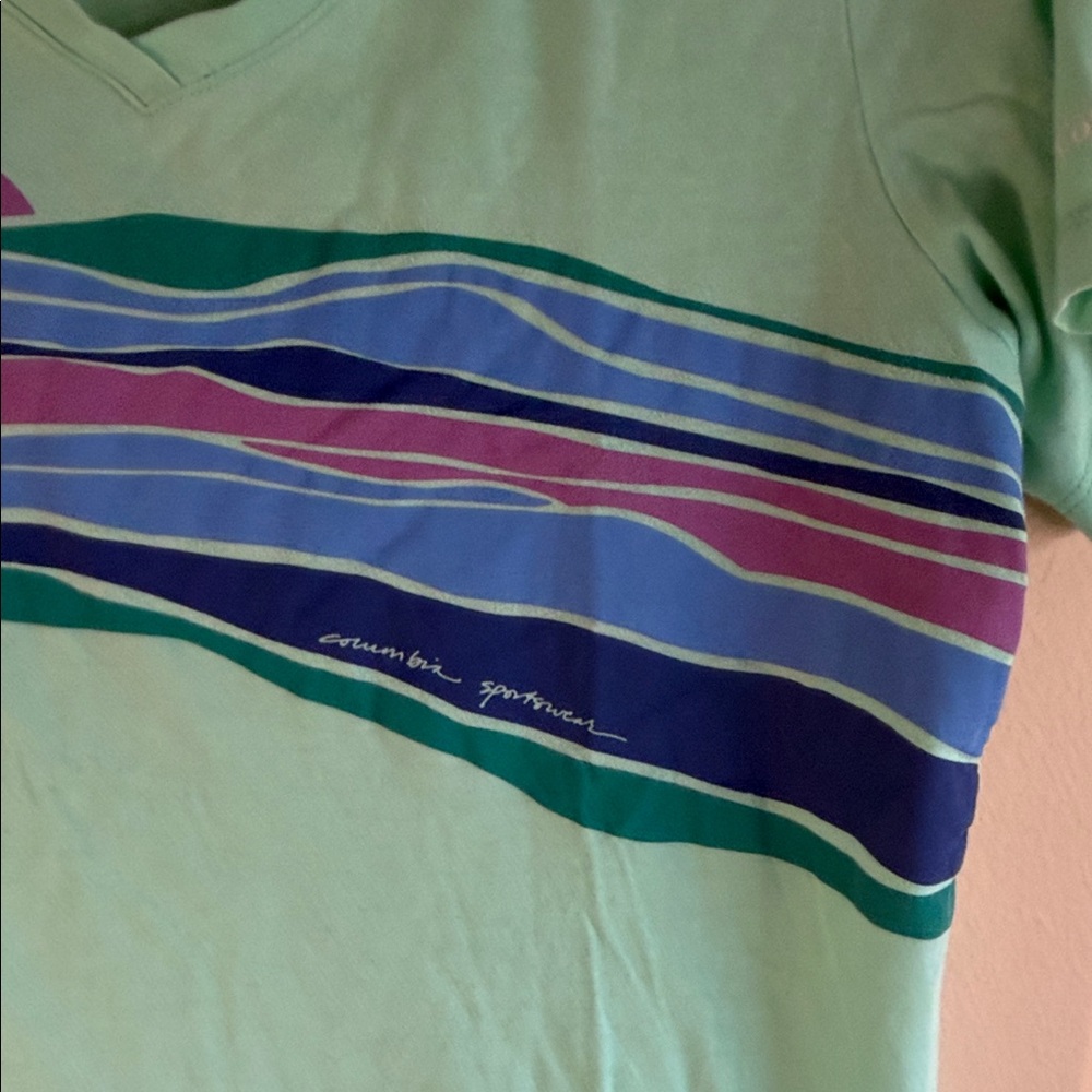 Columbia Mint Green V-Neck Tee with Blue and Purple Stripe - Picture 3 of 7